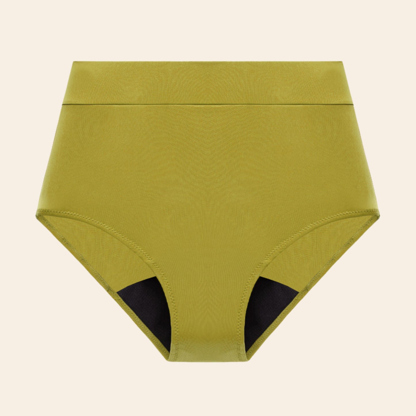 Vue produit à plat du bas de maillot de bain menstruel taille haute, couleur verte