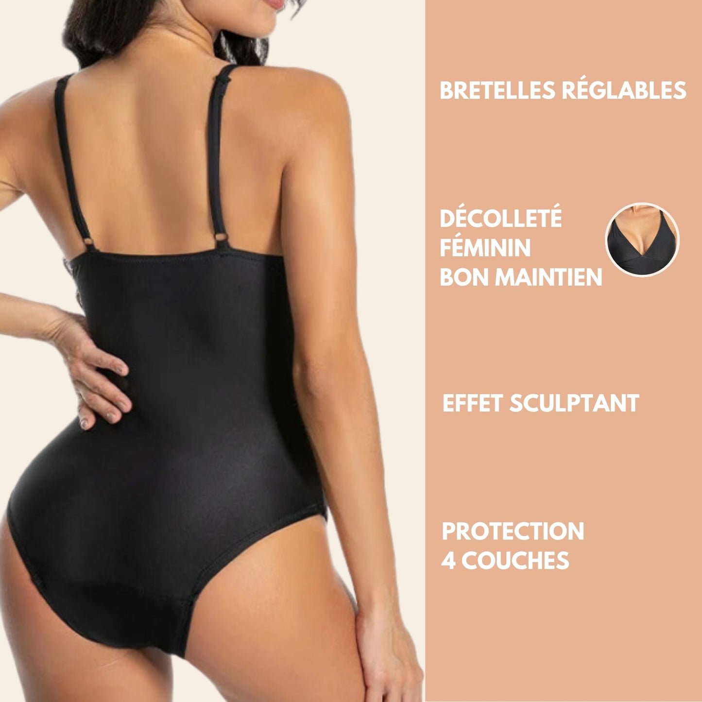 Vue arrière du Maillot de bain menstruel une pièce Décolleté croisé en V, bretelles fines