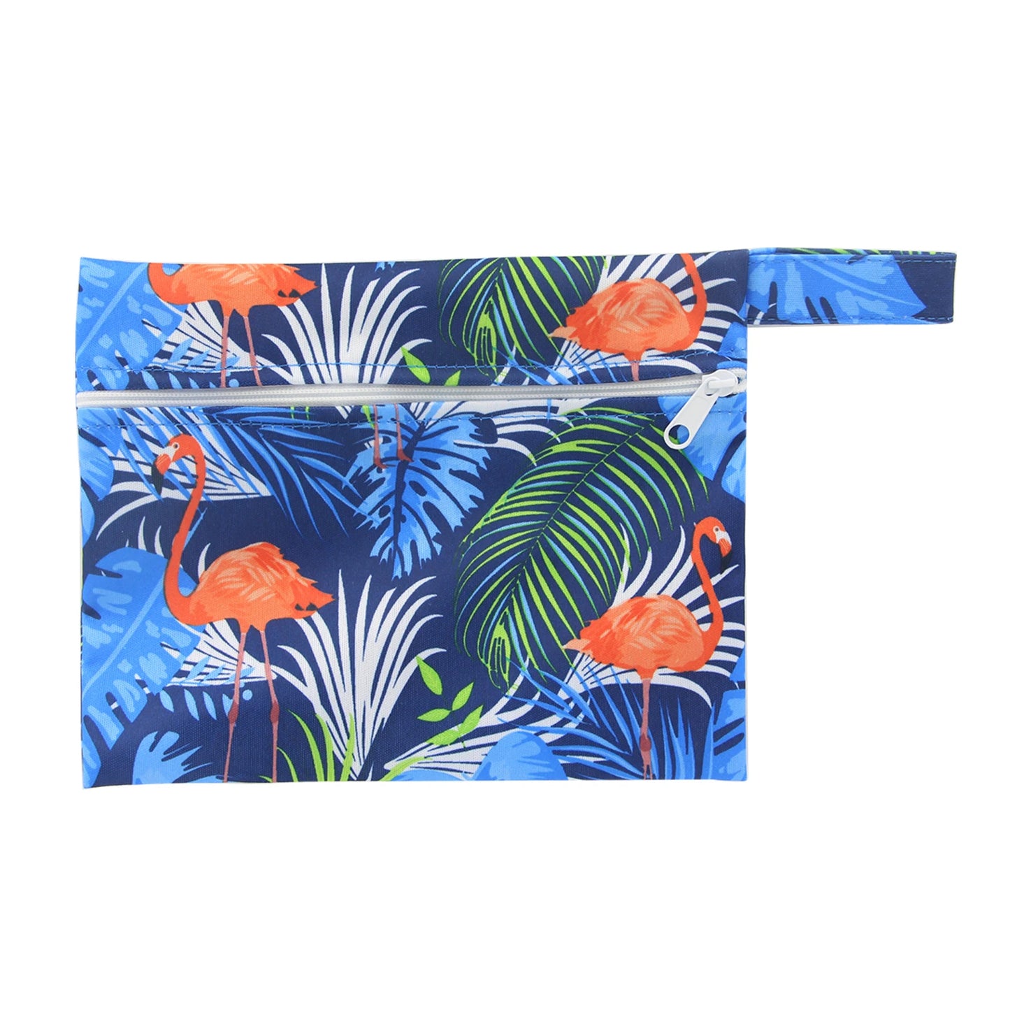 Pochette de transport imperméable - fond bleu et jungle avec flamants oranges