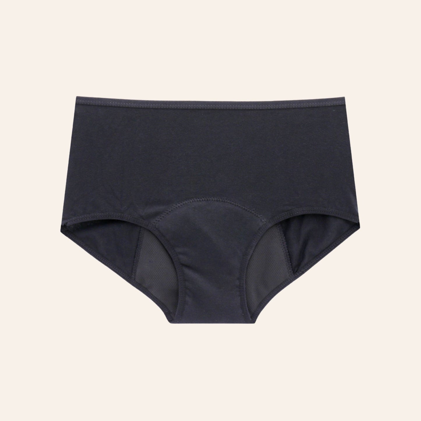 Shorty menstruel TabooPlus noir en bambou à plat, avec 4 couches de protection, absorption équivalente à 3 tampons.