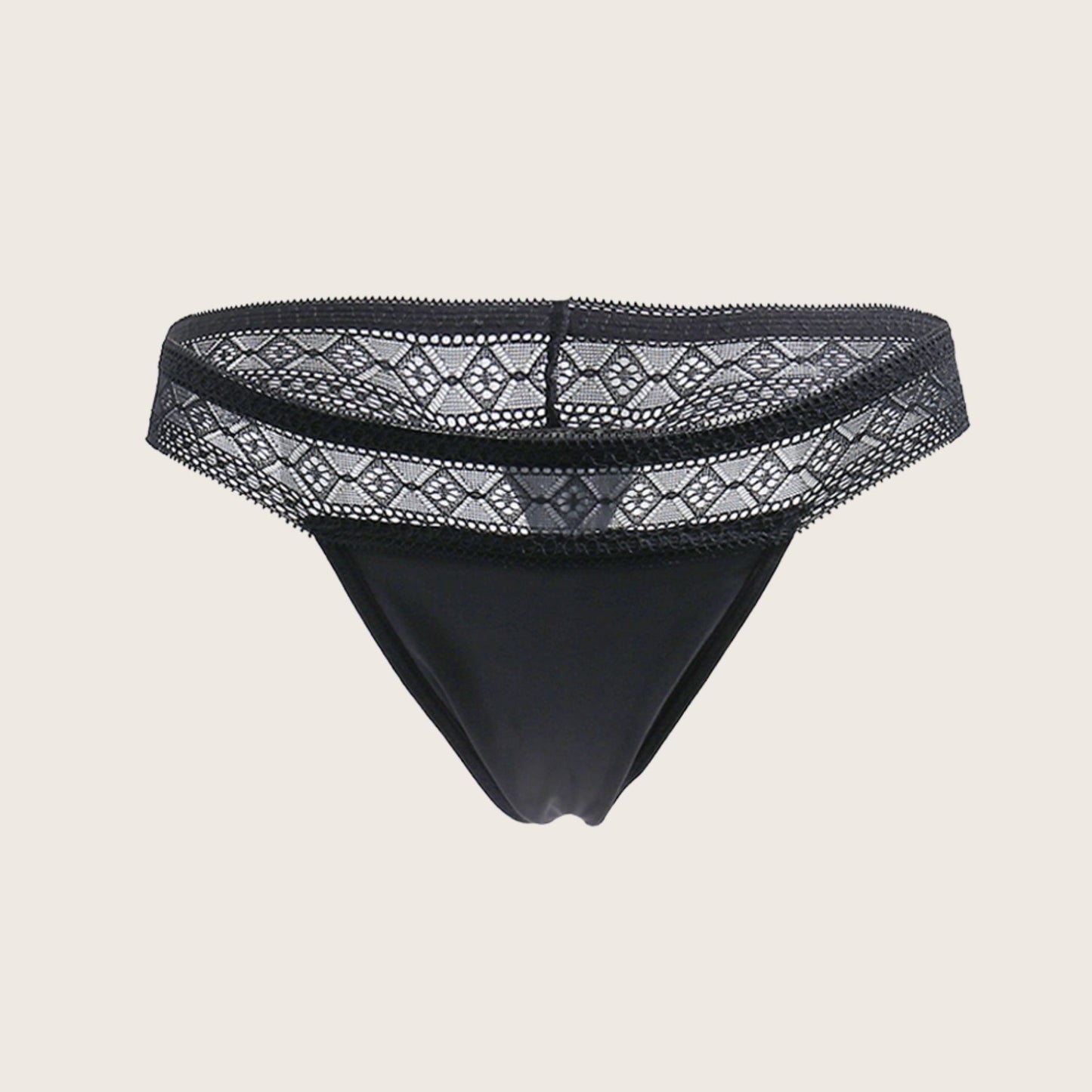 Vue produit à plat du string menstruel avec ceinture dentelle, couleur noire