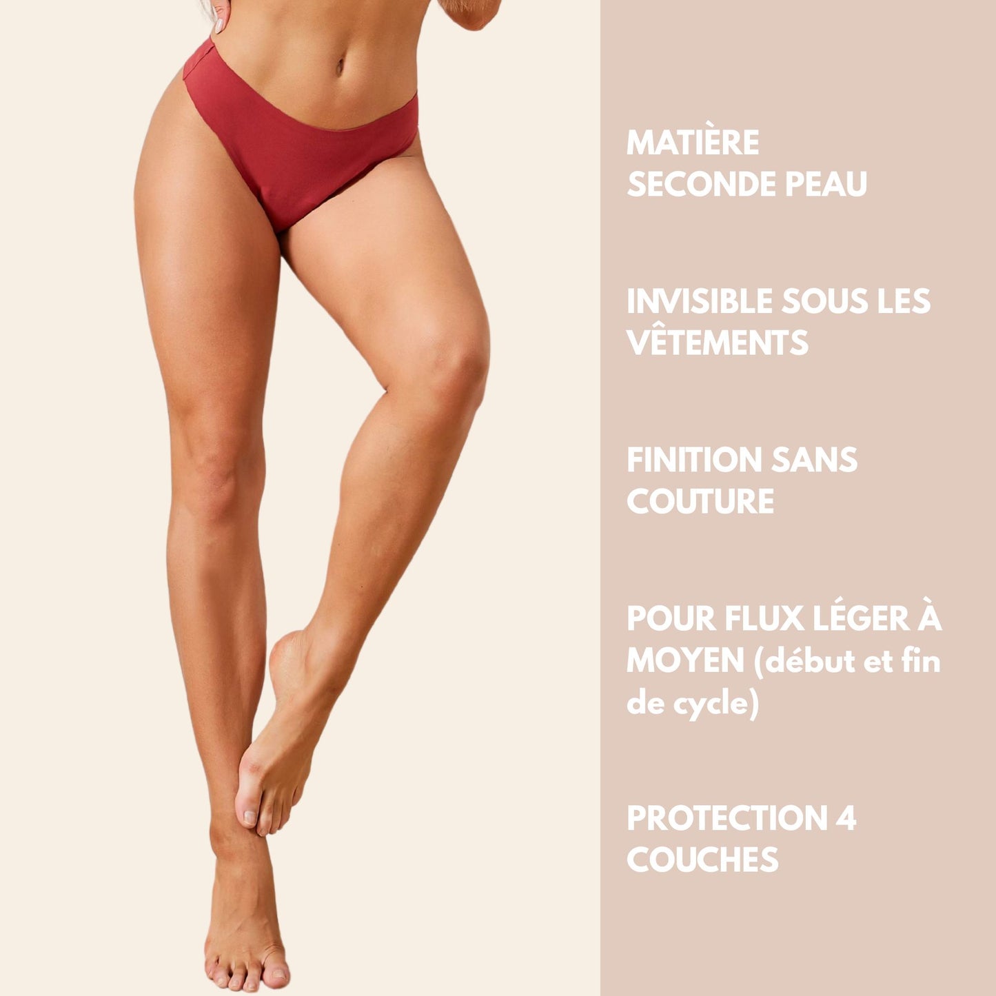 Vue avant du Tanga menstruel Ultra Stretch Sans Couture, couleur rouge