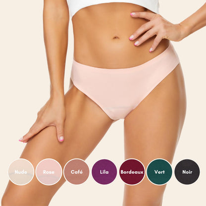 Vue avant de la Culotte menstruelle coupe bikini sans couture ultra stretch, couleur nude