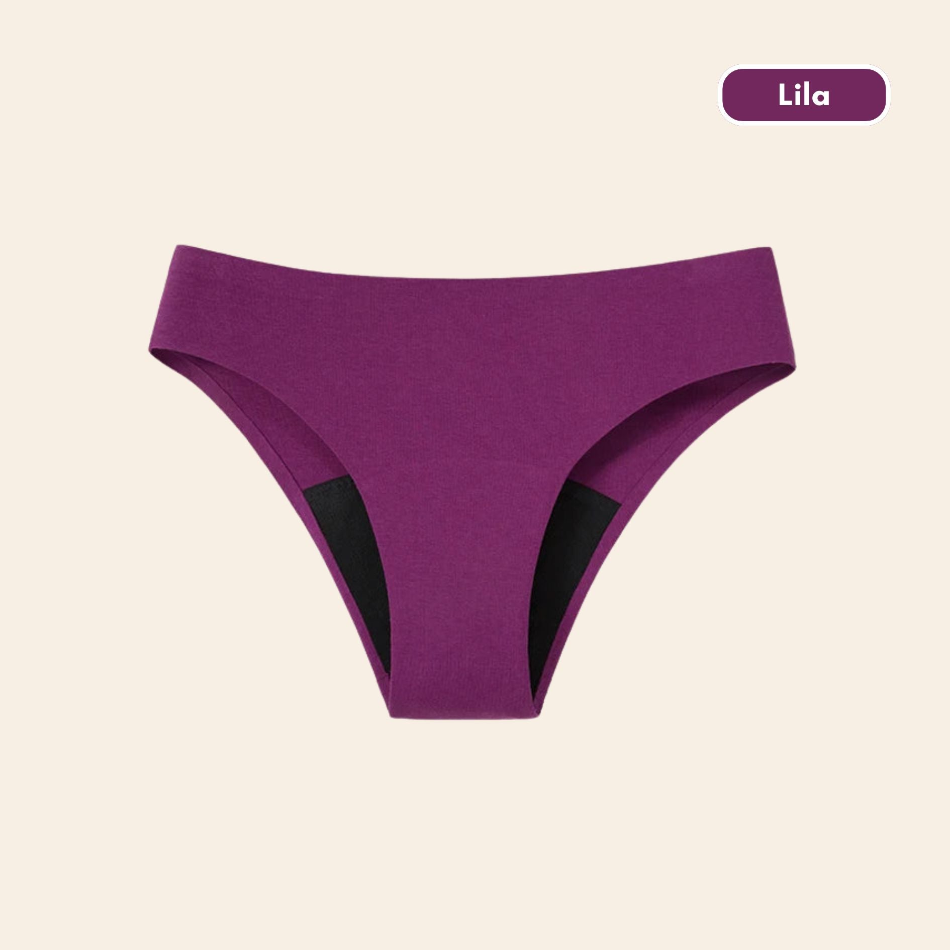 Vue produit à plat de la Culotte menstruelle coupe bikini sans couture ultra stretch, couleur lila