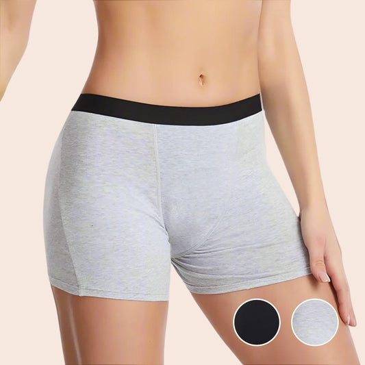 Vue avant du boxer menstruel en coton max absorption et max couvrance, couleur grise et ceinture noire