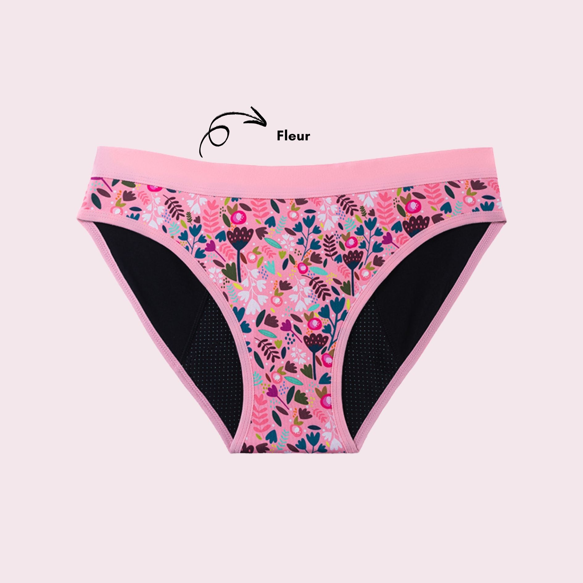 Vue produit à plat de la culotte en coton pour Ados, couleur rose avec des motifs de fleurs 