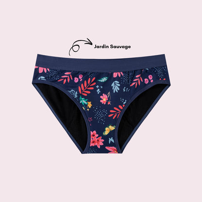 Vue produit à plat de la culotte en coton pour Ados, couleur bleu foncé avec des motifs de feuillage 