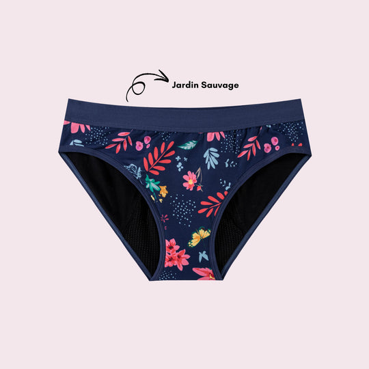 Vue produit à plat de la culotte en coton pour Ados, couleur bleu foncé avec des motifs de feuillage 