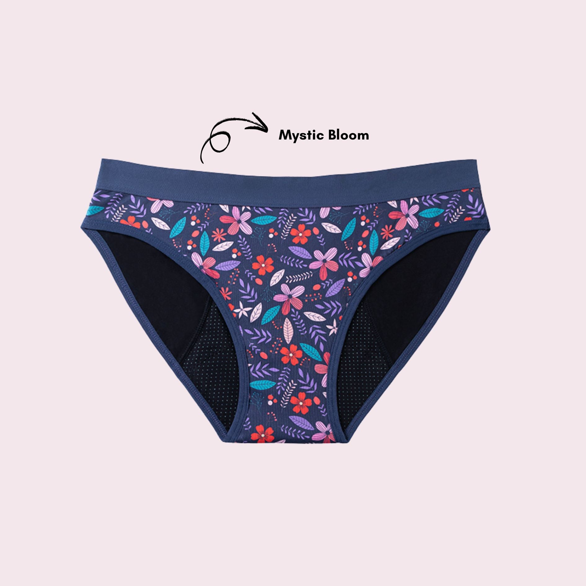 Vue produit à plat de la culotte en coton pour Ados, couleur bleu foncé avec des motifs de fleurs