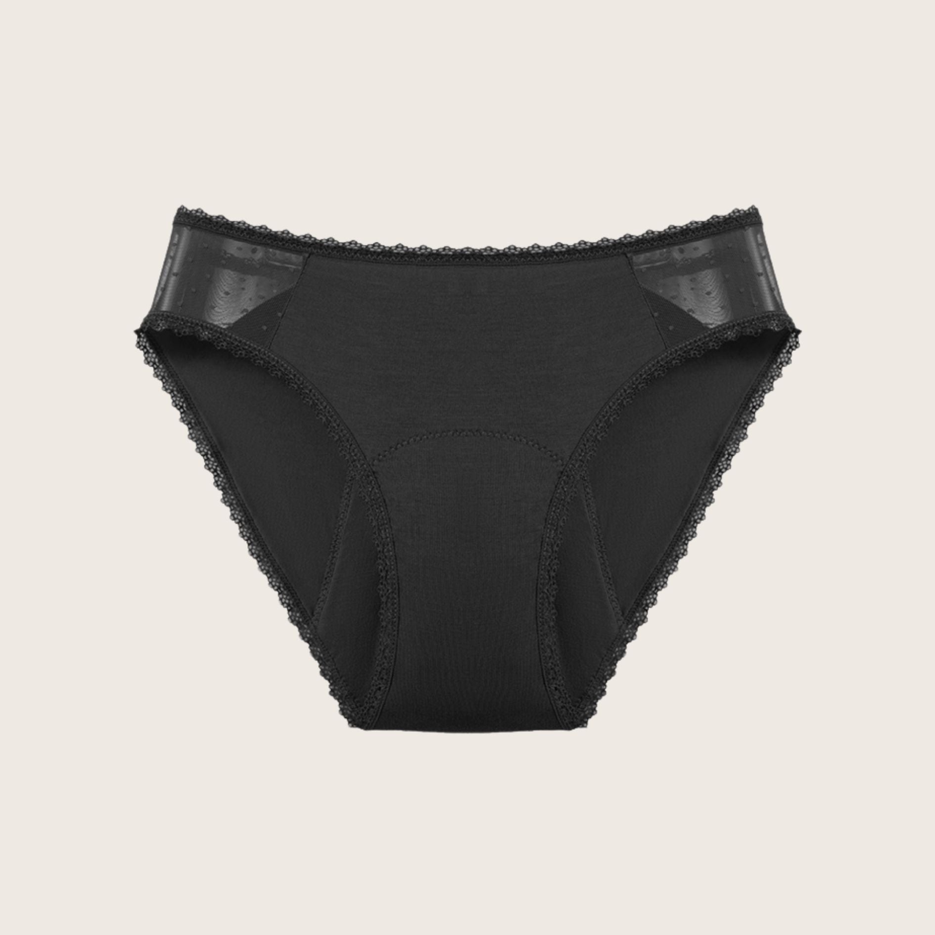 Vue produit à plat de la culotte menstruelle en dentelle fine sur les côtés, couleur noire