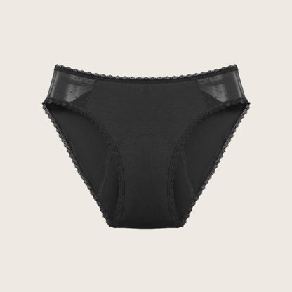 Vue produit à plat de la culotte menstruelle en dentelle fine sur les côtés, couleur noire
