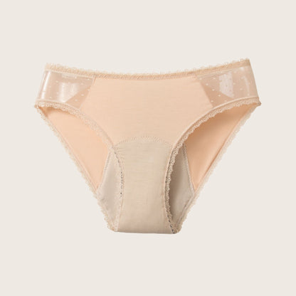 Vue produit à plat de la culotte menstruelle en dentelle fine sur les côtés, couleur nude
