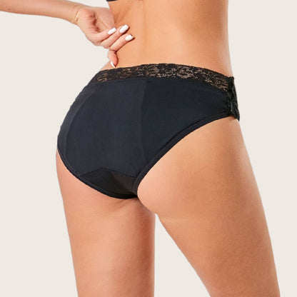 Dos de la culotte menstruelle anti-fuite noire TabooPlus, avec ouverture latérale pratique et dentelle délicate pour confort et discrétion.