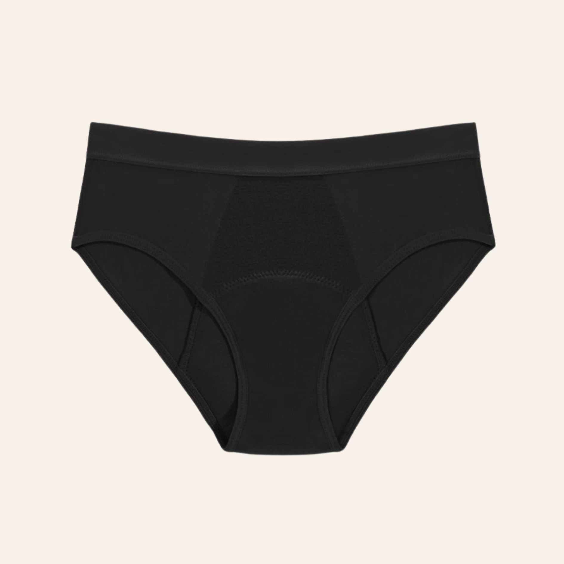 Vue produit à plat de la culotte menstruelle en fibre de bambou très absorbante, anti odeur, couleur noire