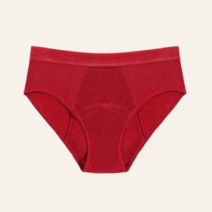 Vue produit à plat de la culotte menstruelle en fibre de bambou très absorbante, anti odeur, couleur rouge