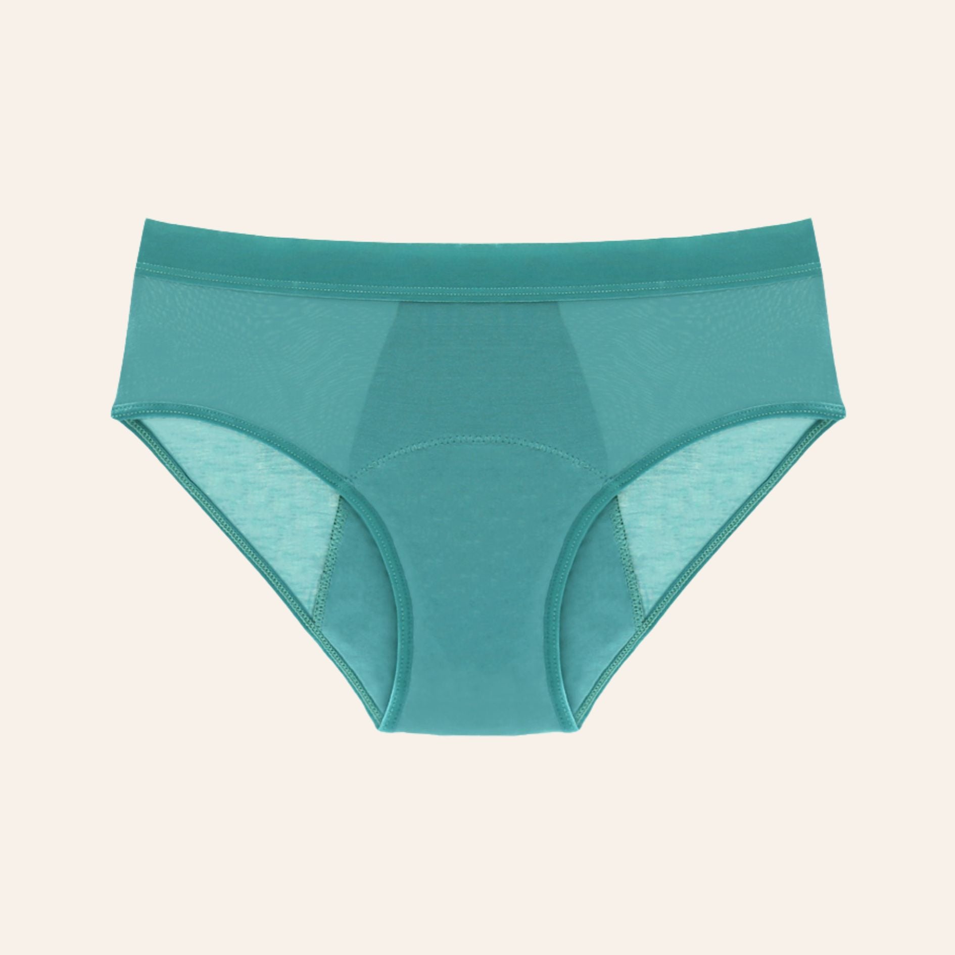 Vue produit à plat de la culotte menstruelle en fibre de bambou très absorbante, anti odeur, couleur verte