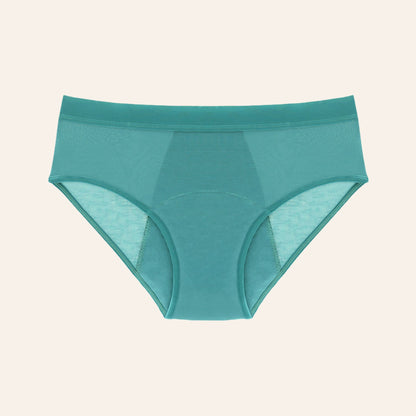 Vue produit à plat de la culotte menstruelle en fibre de bambou très absorbante, anti odeur, couleur verte
