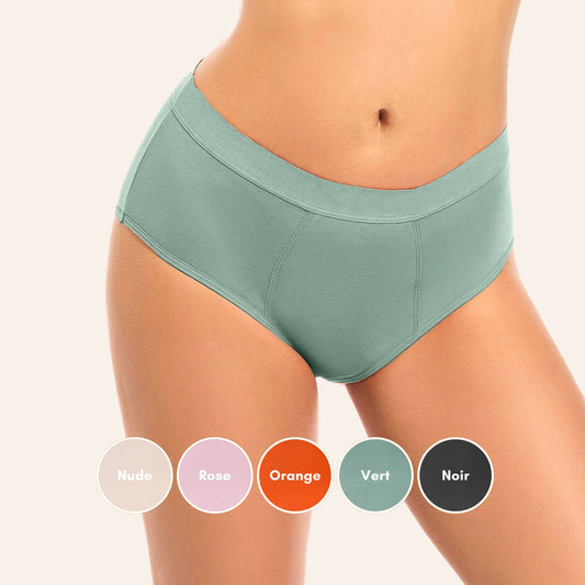 Vue avant de la culotte menstruelle classique en bambou, couleur verte