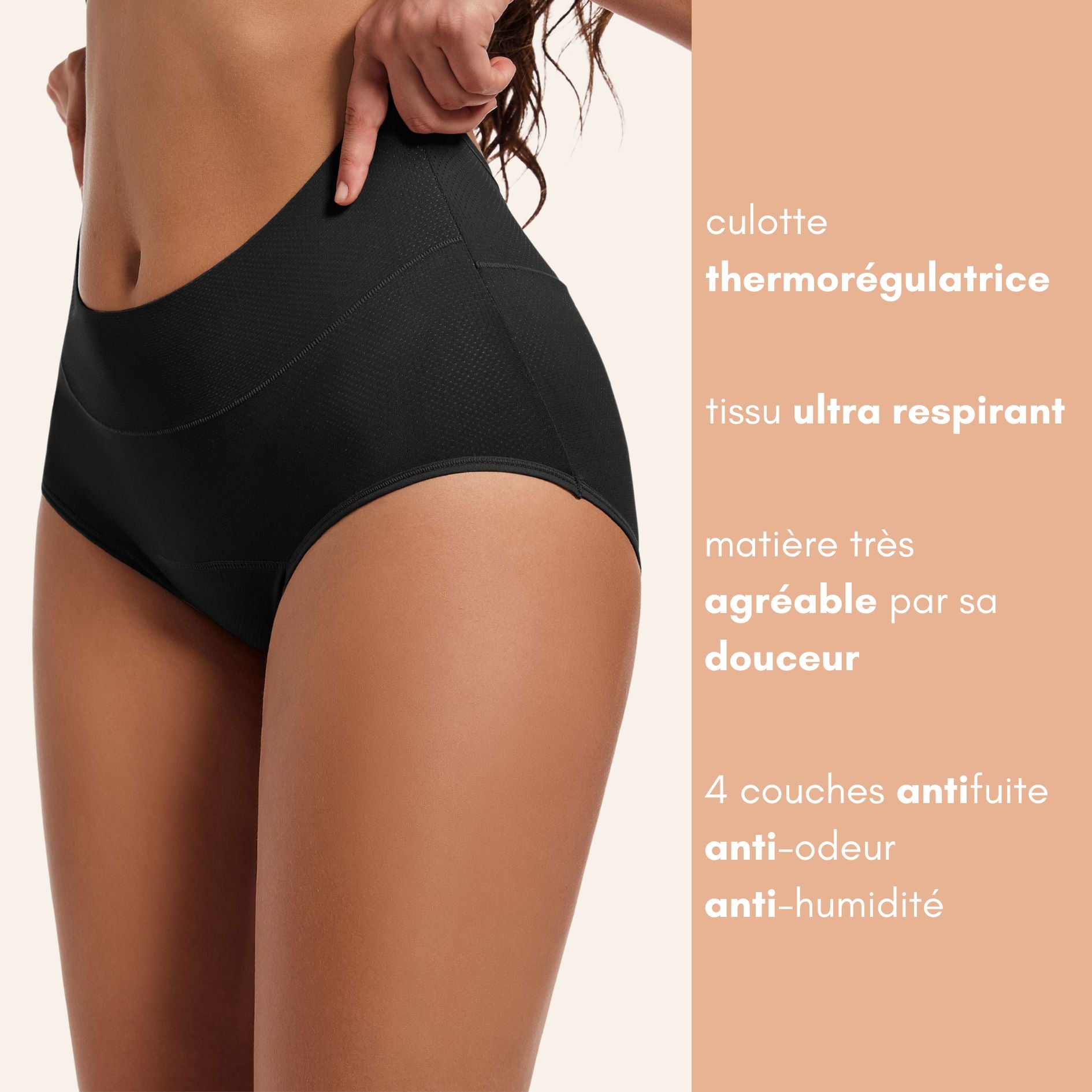 Vue avant de la Culotte Mi-haute respirante couleur noire avec avantages produits écrits