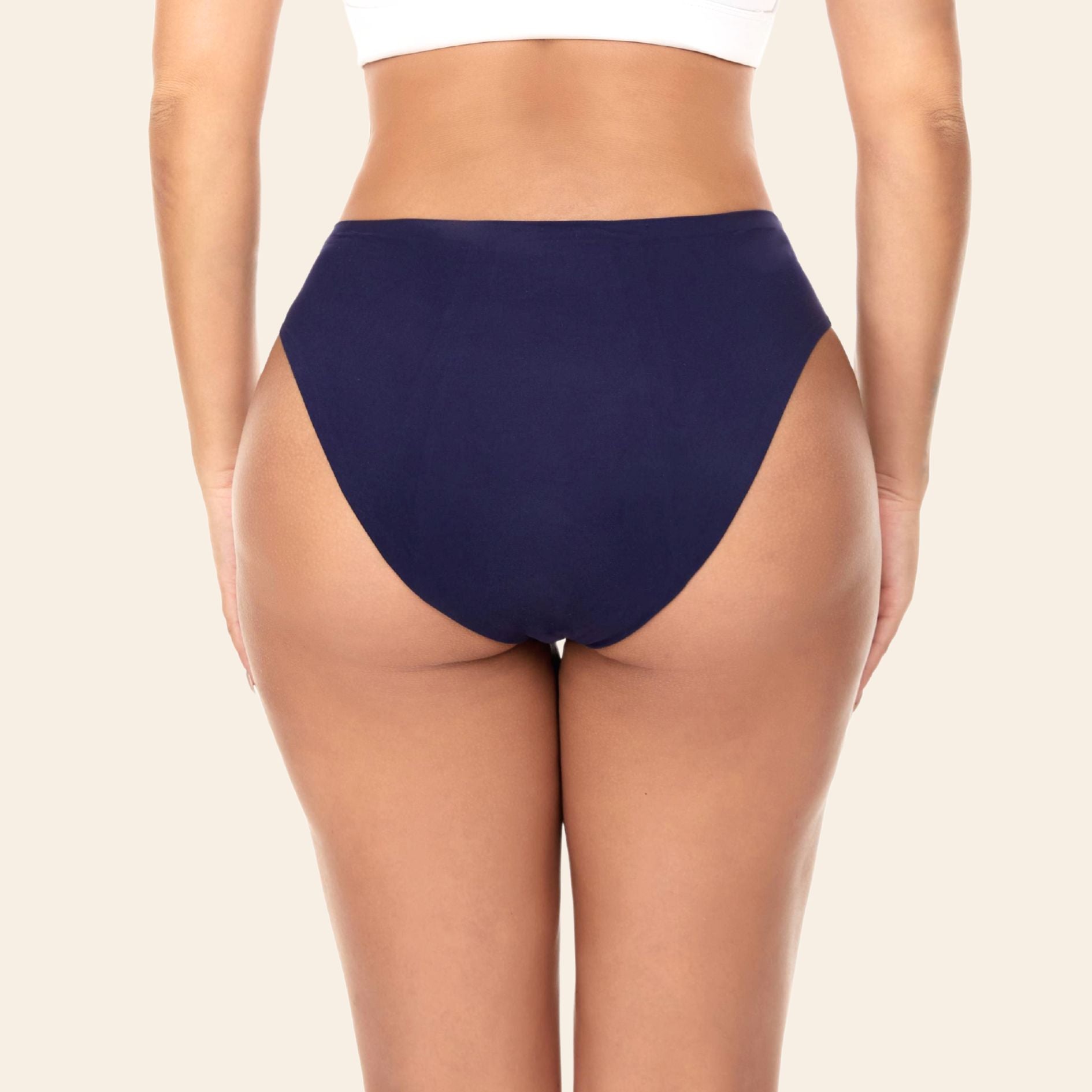 Vue arrière Culotte menstruelle sans couture ultra stretch, couleur bleu marine