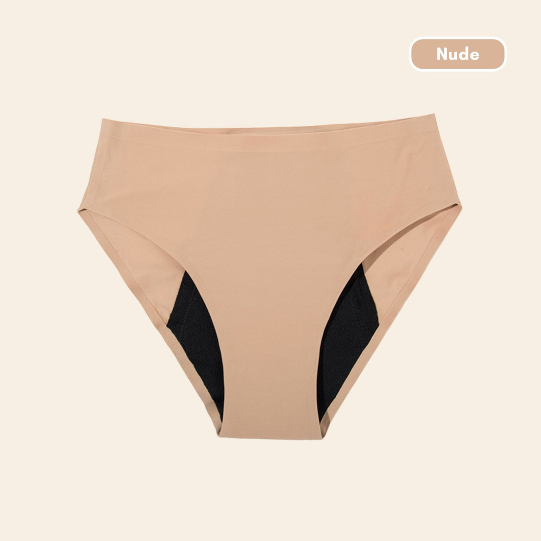 Vue produit à plat Culotte menstruelle sans couture ultra stretch, couleur nude