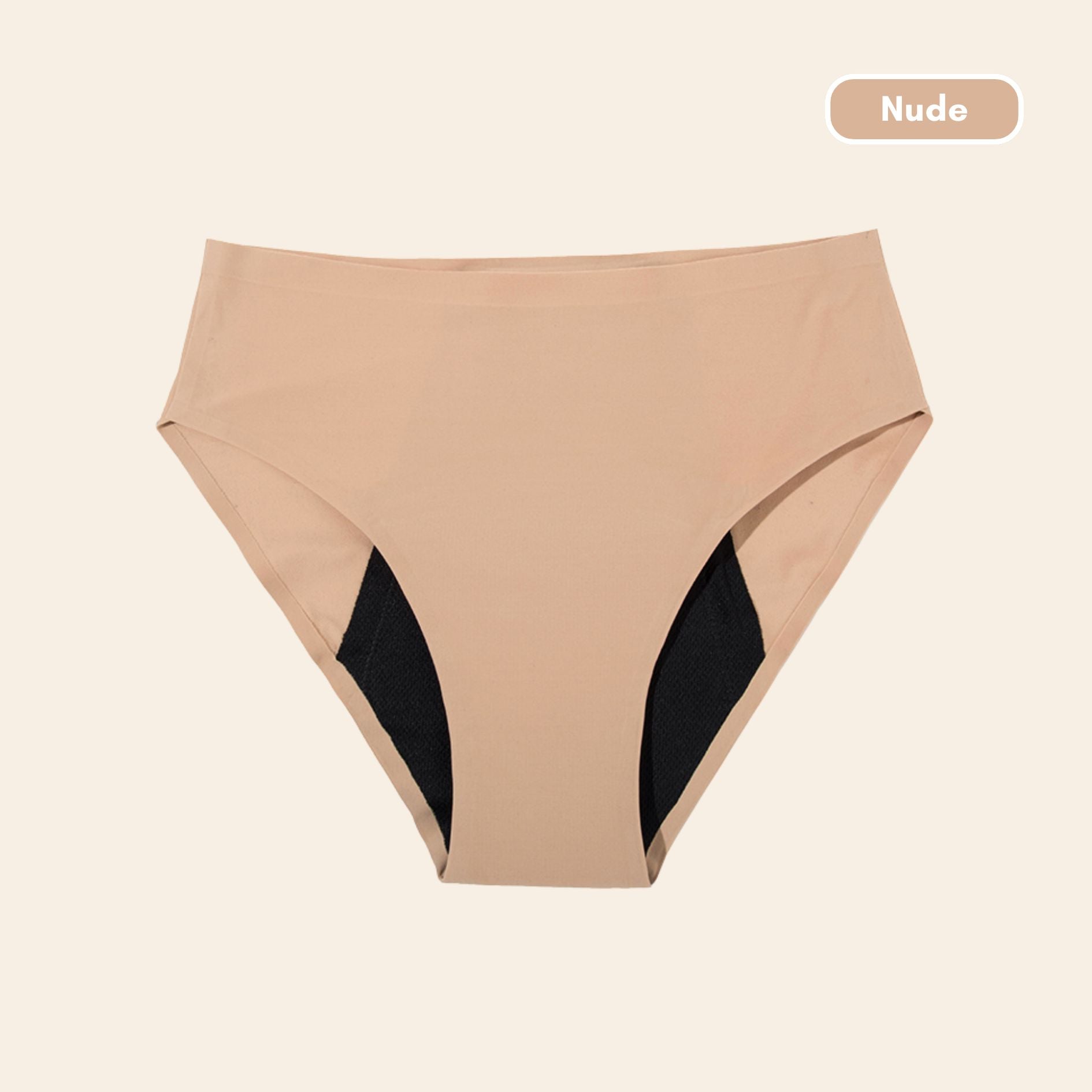 Vue produit à plat Culotte menstruelle sans couture ultra stretch, couleur nude