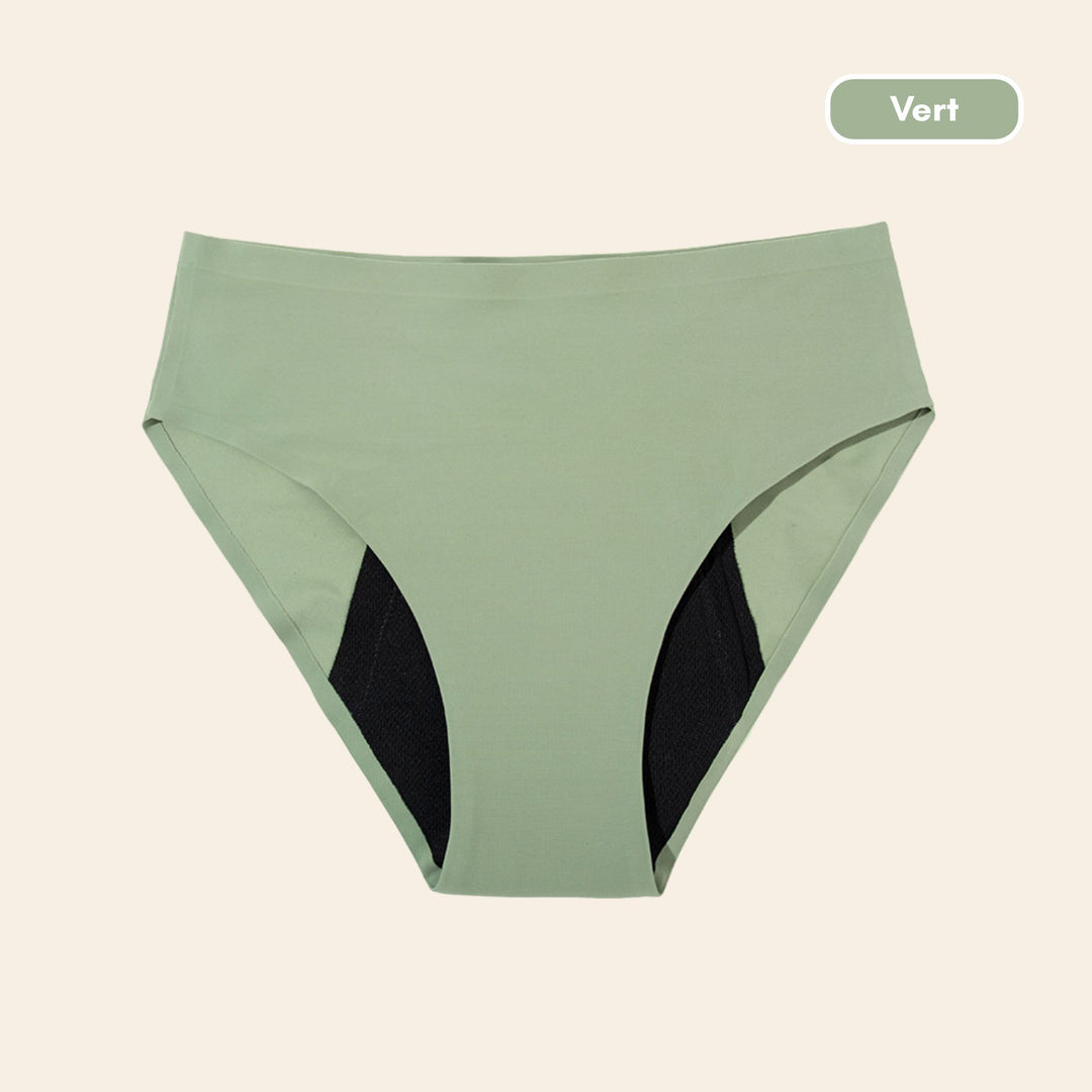 Vue produit à plat Culotte menstruelle sans couture ultra stretch, couleur verte