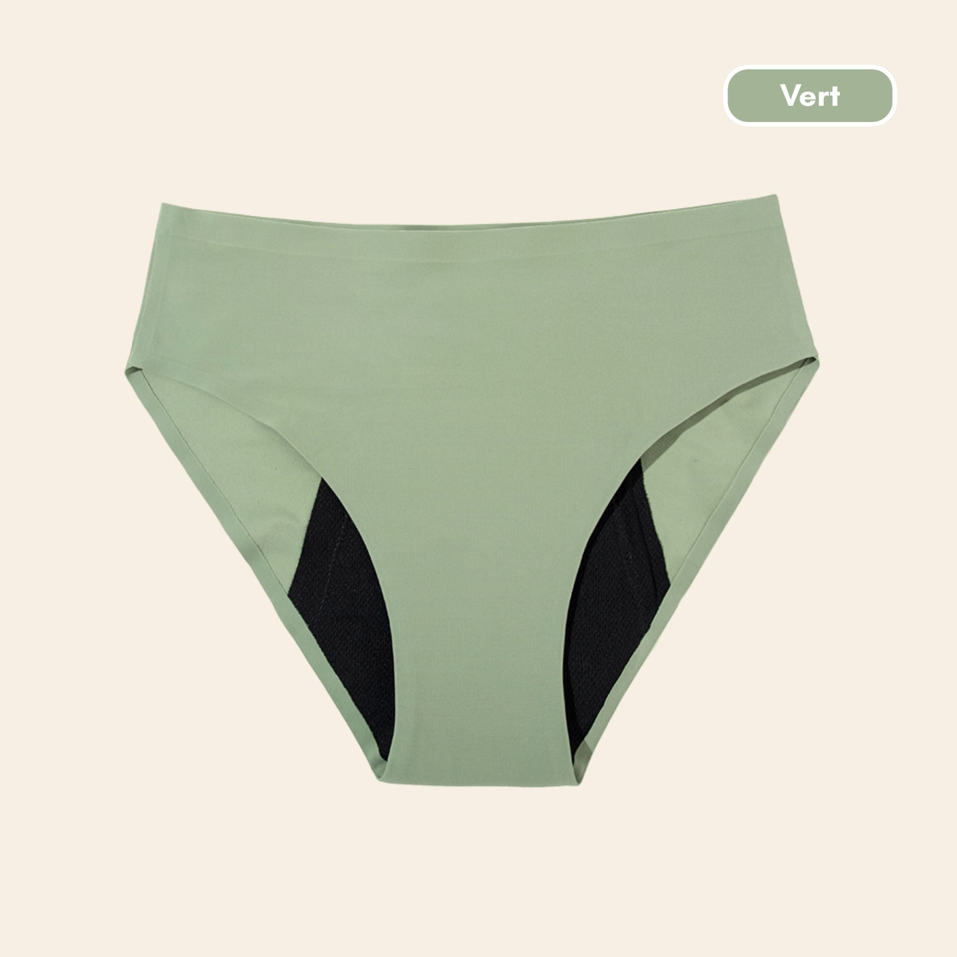 Vue produit à plat Culotte menstruelle sans couture ultra stretch, couleur verte
