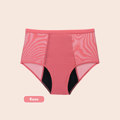 Culotte de règles taille haute rose TabooPlus à plat, modèle réutilisable et écologique en tulle mesh.
