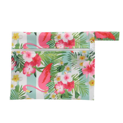 Pochette de transport imperméable - fond vert et blanc avec flamants roses