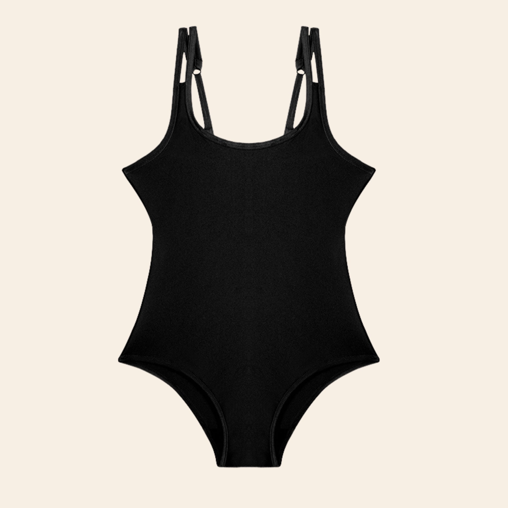 Vue produit à plat du Maillot de bain menstruel une pièce avec bretelles fine et réglables, couleur noire
