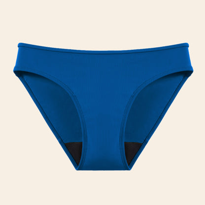Vue produit à plat du bas de Maillot de bain menstruel le classique, couleur bleue