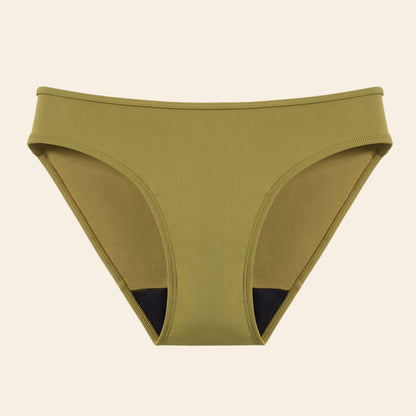 Vue produit à plat du bas du Maillot de bain menstruel le classique, couleur verte