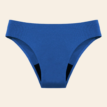 Vue produit à plat du bas de Maillot de bain menstruel sans couture, couleur bleue