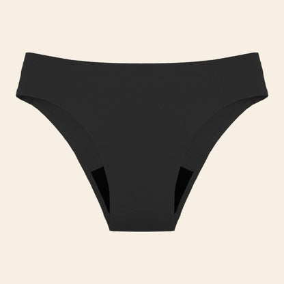 Vue produit à plat du bas de Maillot de bain menstruel sans couture, couleur noire