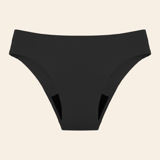 Vue produit à plat du bas de Maillot de bain menstruel sans couture, couleur noire