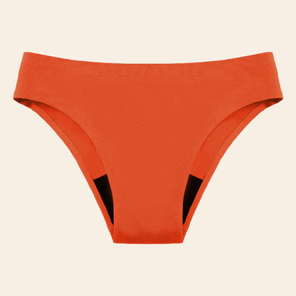 Vue produit à plat du bas de Maillot de bain menstruel sans couture, couleur orange