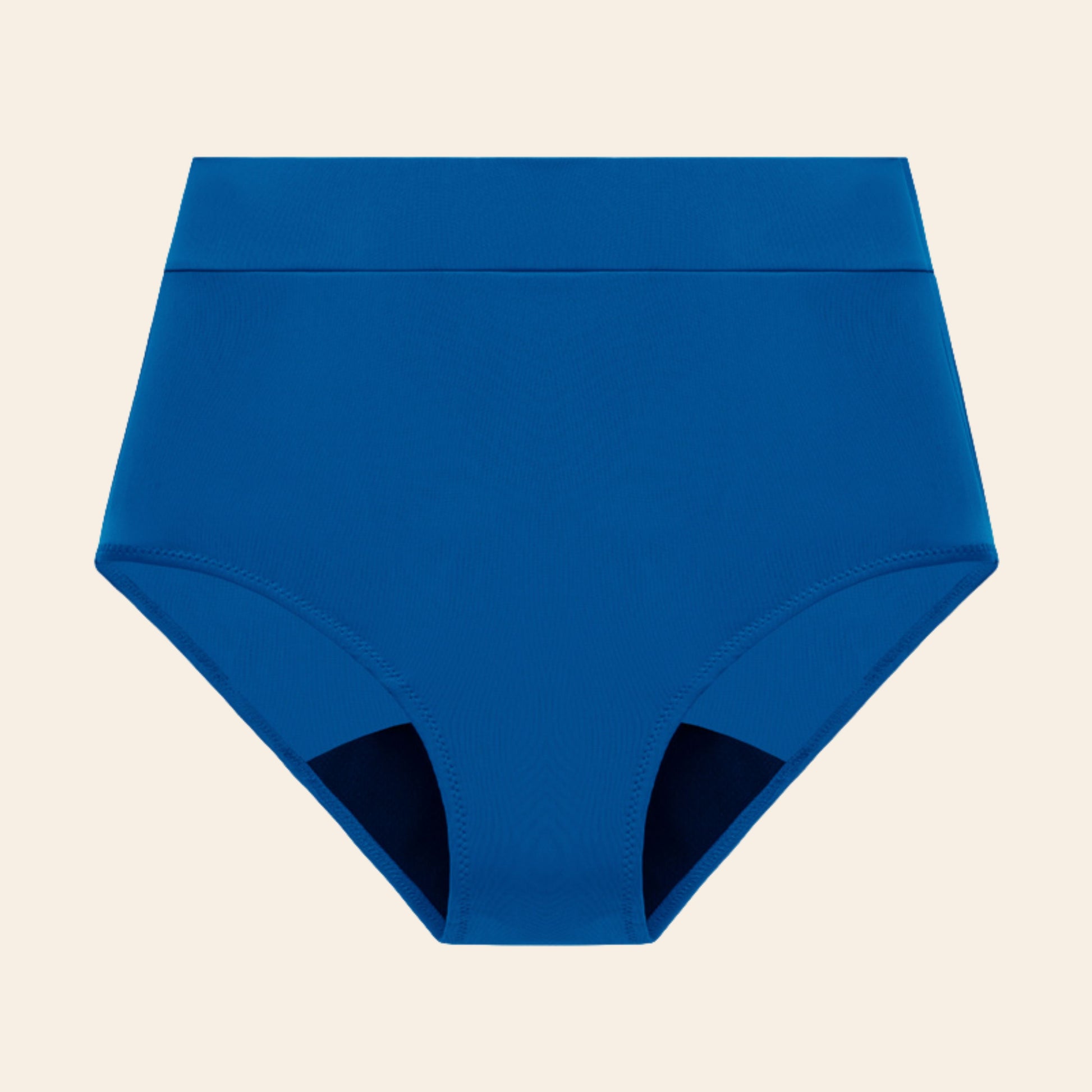 Vue produit à plat du bas de maillot de bain menstruel taille haute, couleur bleue 