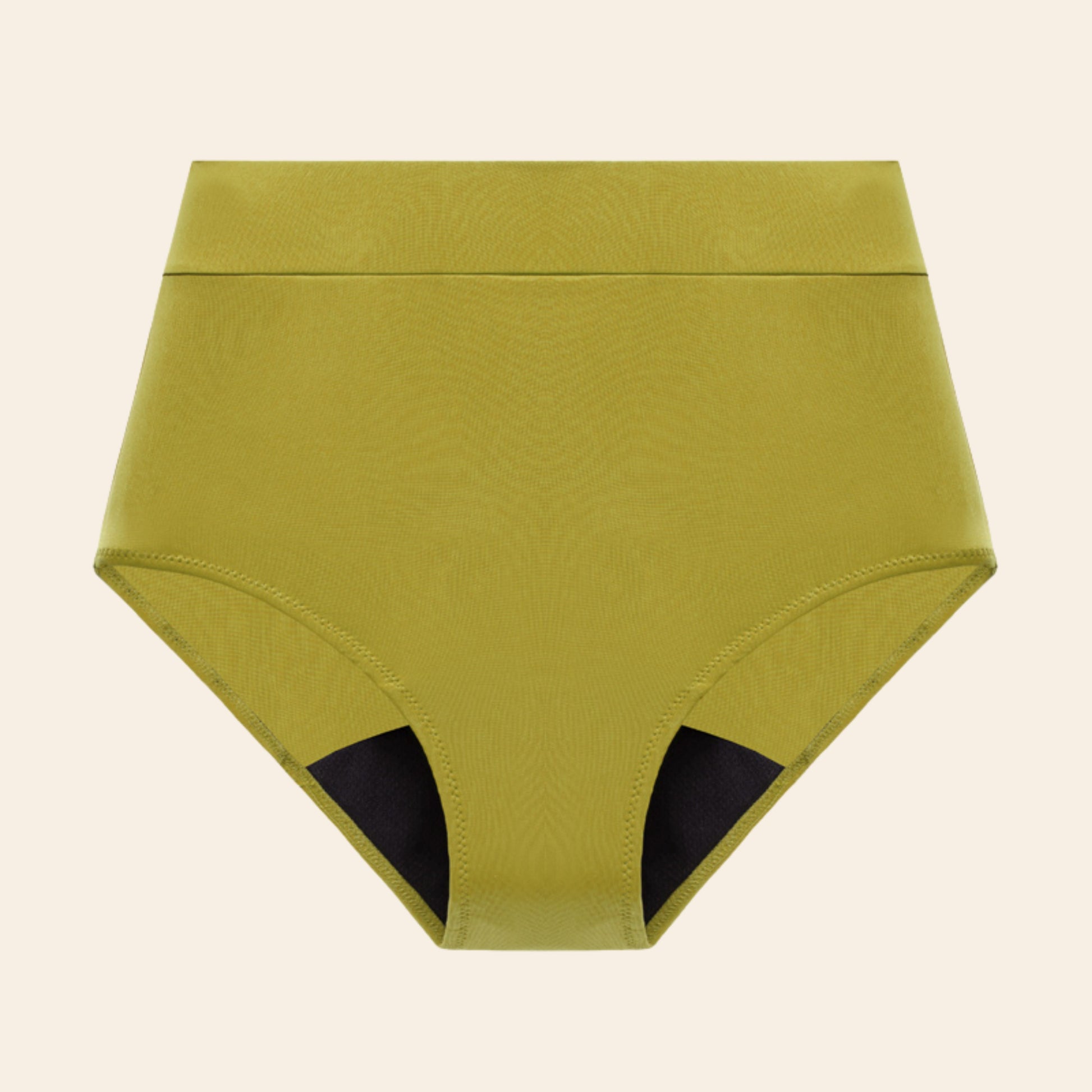 Vue produit à plat du bas de maillot de bain menstruel taille haute, couleur verte 