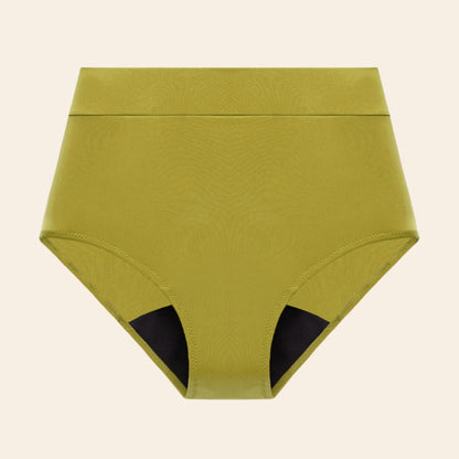 Vue produit à plat du bas de maillot de bain menstruel taille haute, couleur verte 