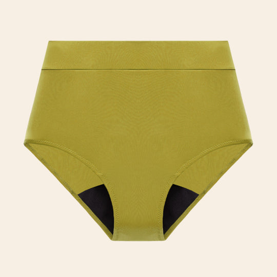 Vue produit à plat du bas de maillot de bain menstruel taille haute, couleur verte 