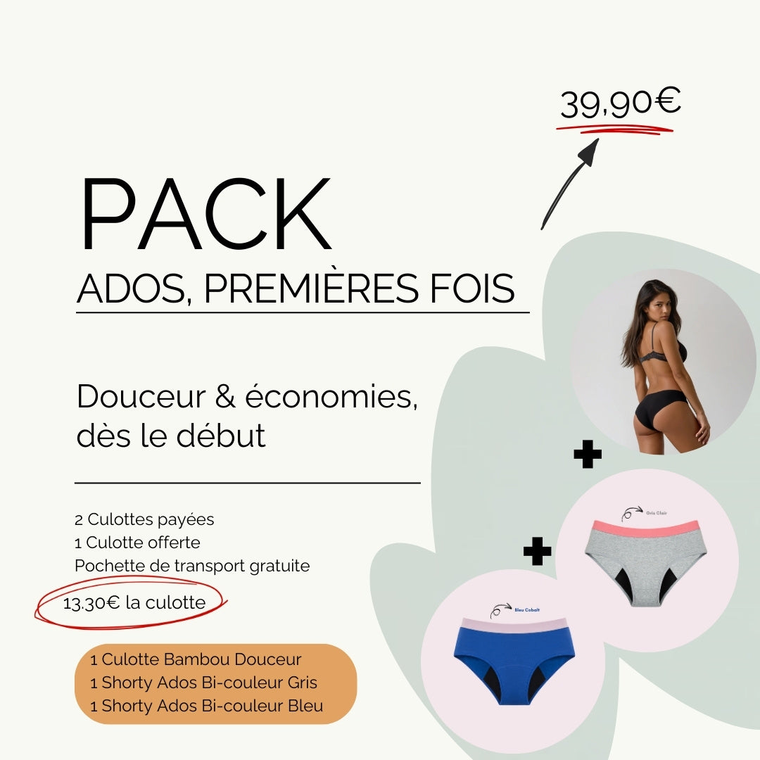 Pack pour Ados de 3 culottes, une bleue, une grise et une noire (bambou) avec 2 cadeaux offerts, un filet de lavage et une pochette de transport.