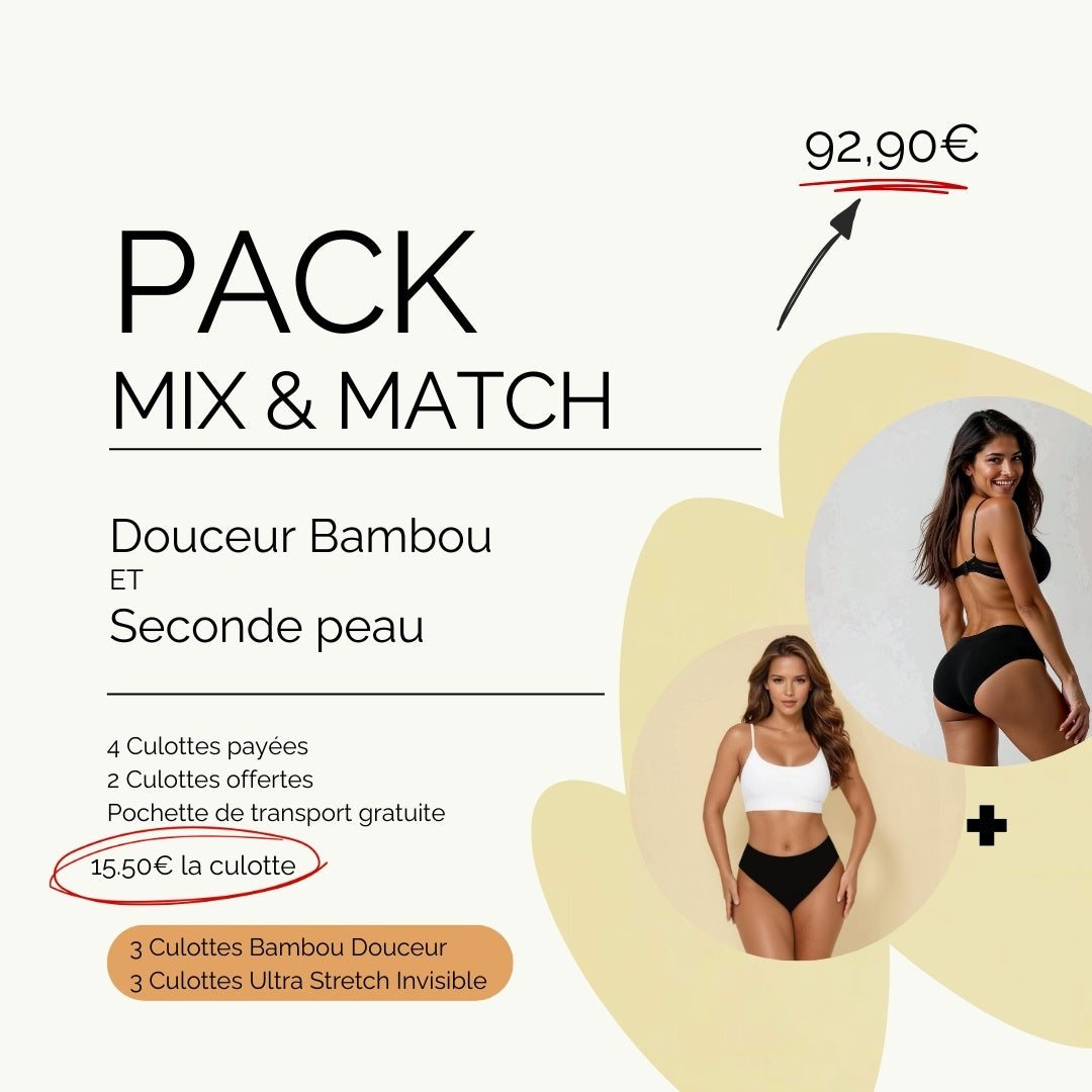 Pack de 6 culottes noires dont 2 offertes avec 3 culotte en fibre de bambou et 3 culottes invisibles, ainsi que 2 cadeaux, 1 filet de lavage et 1 pochette de transport.