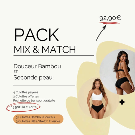 Pack de 6 culottes noires dont 2 offertes avec 3 culotte en fibre de bambou et 3 culottes invisibles, ainsi que 2 cadeaux, 1 filet de lavage et 1 pochette de transport.