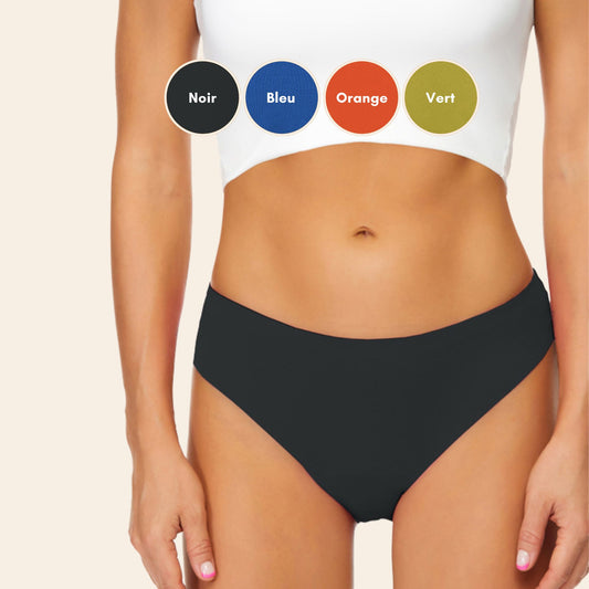 Vue avant du bas de Maillot de bain menstruel sans couture, couleur noire