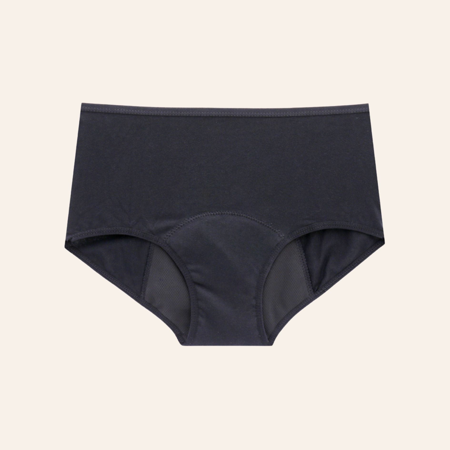 Shorty menstruel TabooPlus noir en bambou à plat, avec 4 couches de protection, absorption équivalente à 3 tampons.