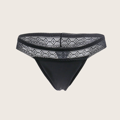 Vue produit à plat du string menstruel avec ceinture dentelle, couleur noire