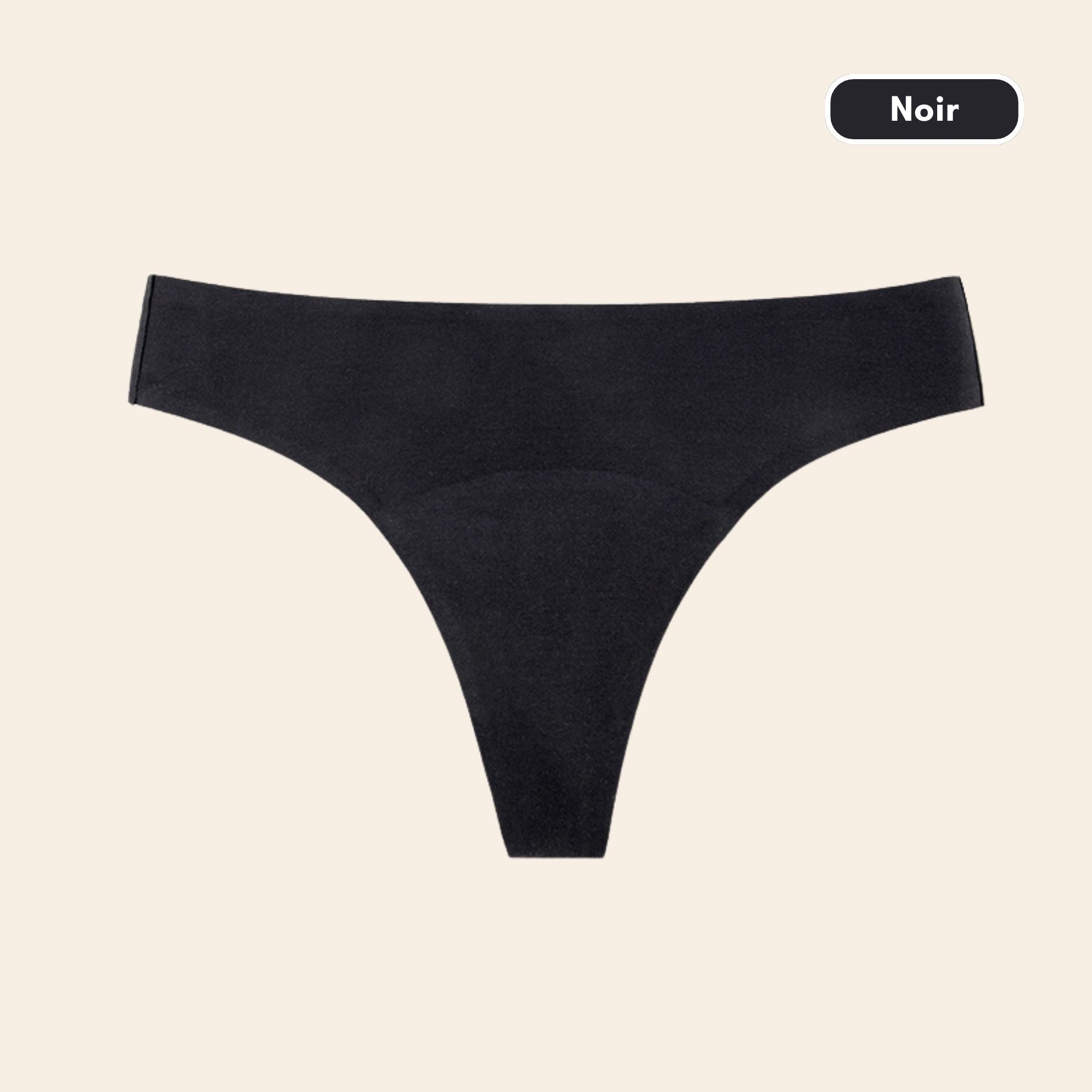Vue produit à plat du Tanga menstruel Ultra Stretch Sans Couture, couleur noire