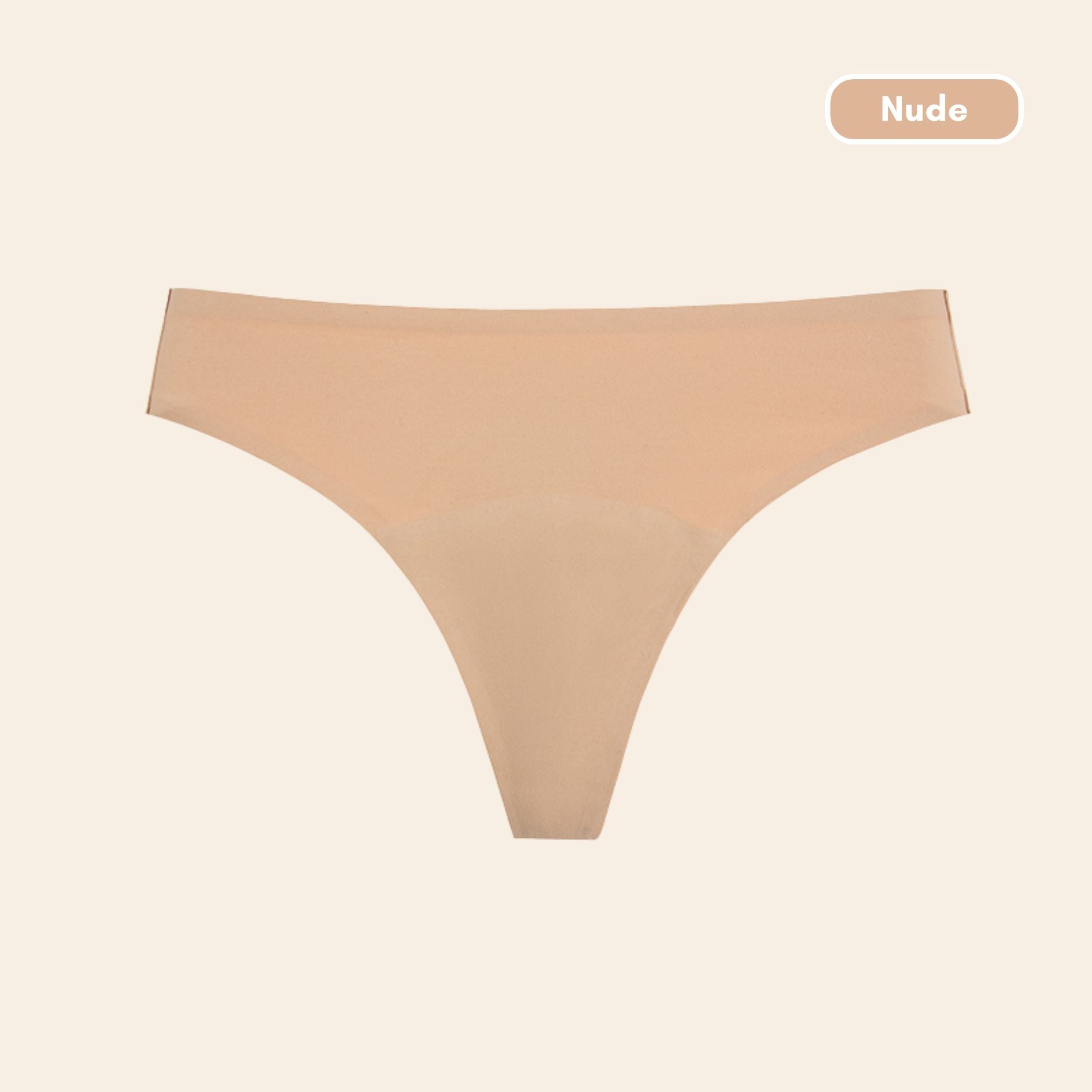 Vue produit à plat du Tanga menstruel Ultra Stretch Sans Couture, couleur nude